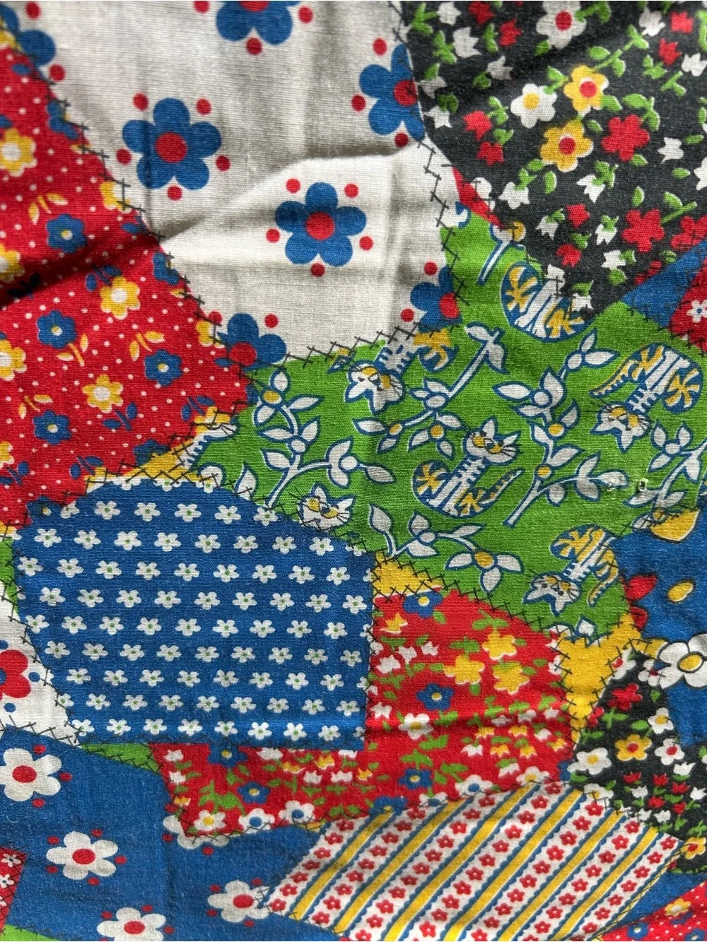 Vintage Quilt Handmade Patchwork Cat Blanket Bedspread Multicolor 82x100 As Is